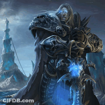 A Painting Of A Man Holding A Sword With A Blue Light Coming From It GIF