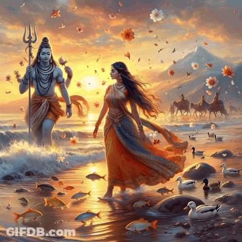 A Painting Of A Man Holding A Trident Standing Next To A Woman GIF