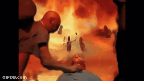A Painting Of A Man Holding Another Man 'S Head In Front Of Flames GIF