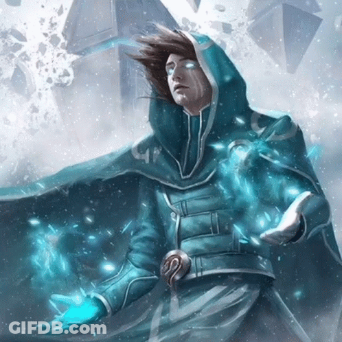 A Painting Of A Man In A Blue Cloak With A Hood Holding A Blue Object GIF