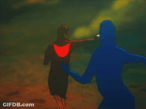 A Painting Of A Man In A Blue Hoodie Standing Next To Another Man In A Red Shirt GIF