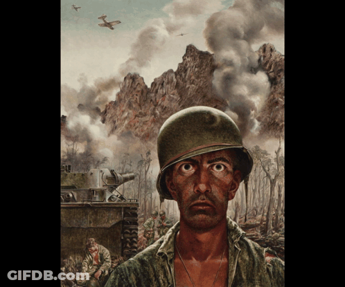 A Painting Of A Man In A Helmet Looking At Something GIF