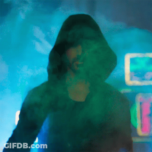 A Painting Of A Man In A Hooded Jacket With A Neon Sign In The Background GIF