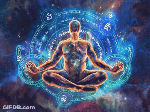 A Painting Of A Man In A Lotus Position With A Circle Around Him That Says ' A ' On It GIF