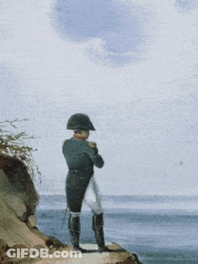 A Painting Of A Man In A Military Uniform Standing On A Rock Overlooking A Body Of Water GIF