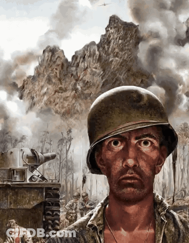 A Painting Of A Man In A Military Uniform With A Mountain In The Background GIF