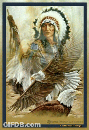 A Painting Of A Man In A Native American Headdress Surrounded By Bald Eagles By B Collections Design GIF