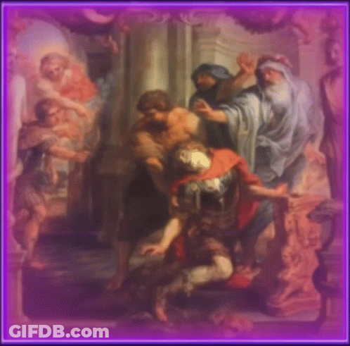 A Painting Of A Man In A Red Cape Surrounded By People GIF
