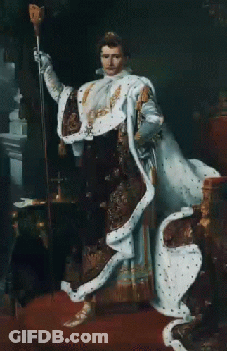 A Painting Of A Man In A Robe Holding A Cane And A Crown GIF