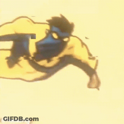 A Painting Of A Man In A Yellow And Blue Costume With The Words Hellsantv On The Bottom Right GIF