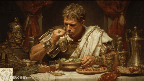 A Painting Of A Man In Armor Eating A Salad With A Logo For A Book Called The Bible On The Bottom GIF