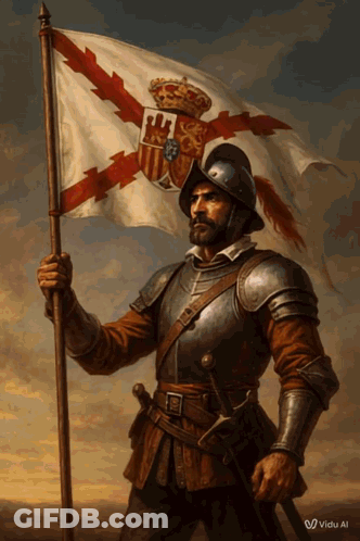 A Painting Of A Man In Armor Holding A Flag With A Coat Of Arms GIF