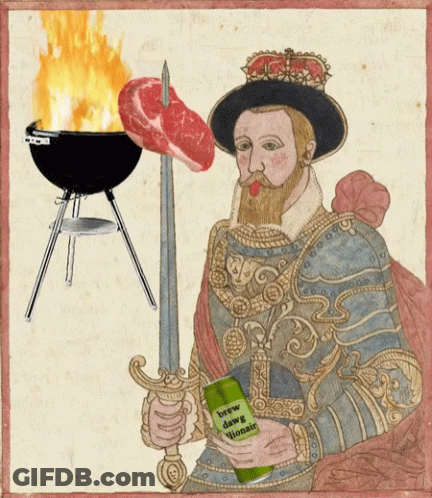 A Painting Of A Man In Armor Holding A Sword And A Can Of Brew Deer Winnie GIF
