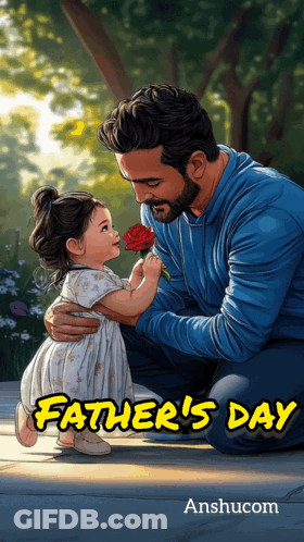 A Painting Of A Man Kneeling Down Giving A Little Girl A Rose With The Words Father 'S Day On The Bottom GIF