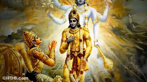 A Painting Of A Man Kneeling In Front Of A Statue Of A Deity GIF
