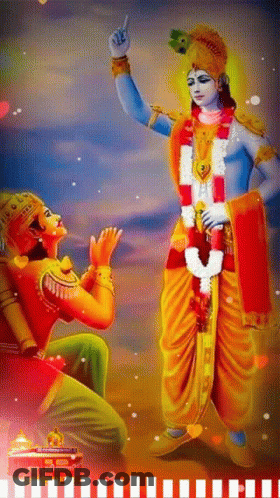 A Painting Of A Man Kneeling In Front Of A Statue Of A God GIF
