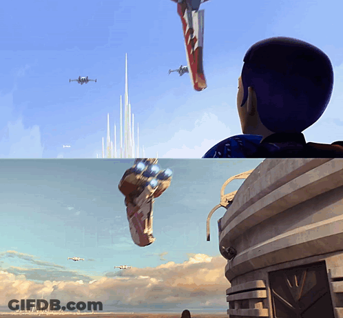 A Painting Of A Man Looking At A Tower And A Flying Object GIF