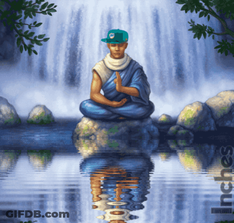 A Painting Of A Man Meditating In Front Of A Waterfall With The Words Inc.es Below Him GIF