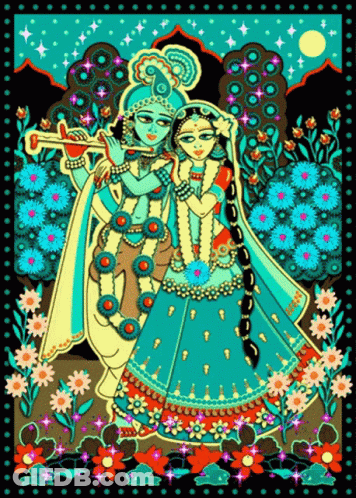 A Painting Of A Man Playing A Flute And A Woman Dancing With Flowers In The Background GIF