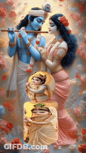 A Painting Of A Man Playing A Flute And A Woman Holding A Child GIF