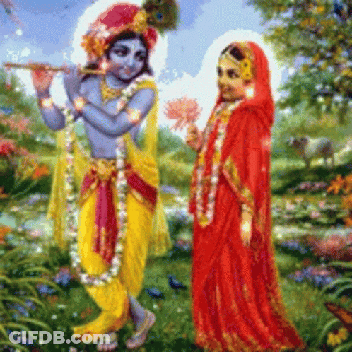 A Painting Of A Man Playing A Flute And A Woman Standing Next To Him GIF