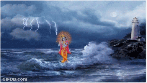A Painting Of A Man Playing A Flute In The Ocean With Lightning In The Background GIF