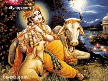 A Painting Of A Man Playing A Flute Next To A Cow With The Words Kulfyapp.com On The Bottom GIF