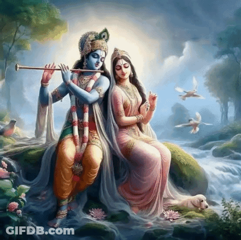 A Painting Of A Man Playing A Flute Next To A Woman Sitting On A Rock GIF