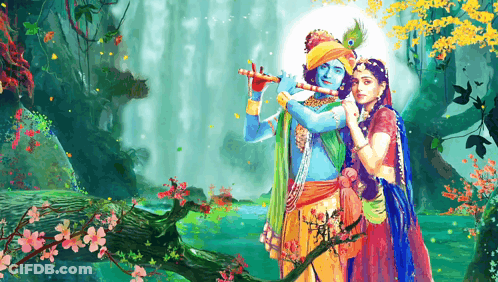A Painting Of A Man Playing A Flute With A Woman Standing Next To Him GIF