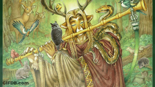A Painting Of A Man Playing A Flute With Animals Around Him GIF