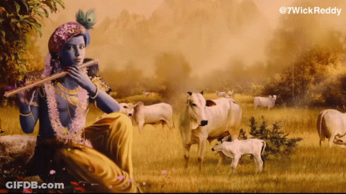 A Painting Of A Man Playing A Flute With Cows In The Background GIF
