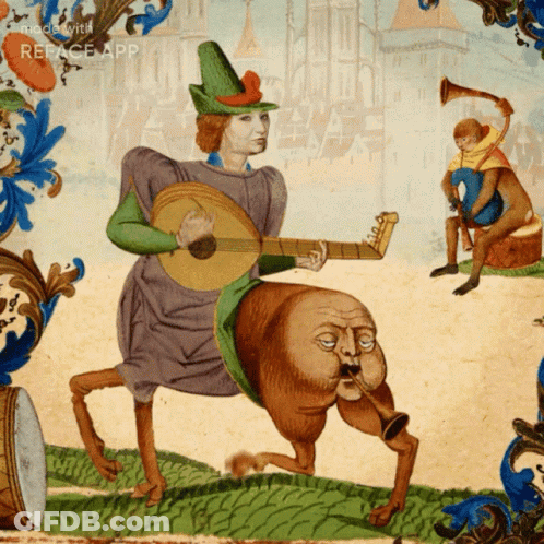 A Painting Of A Man Playing A Guitar And A Monkey Playing A Trumpet Has The Word Replace App On It GIF