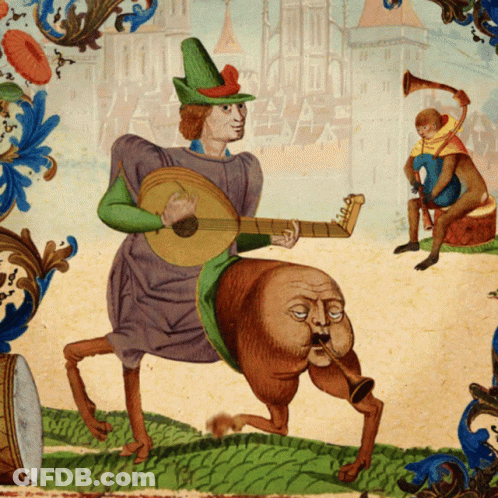 A Painting Of A Man Playing A Guitar With A Monkey Playing A Trumpet In The Background GIF