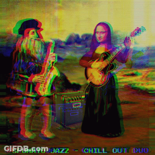 A Painting Of A Man Playing A Saxophone And A Woman Playing A Guitar With The Words Chill Out Duo Below Them GIF