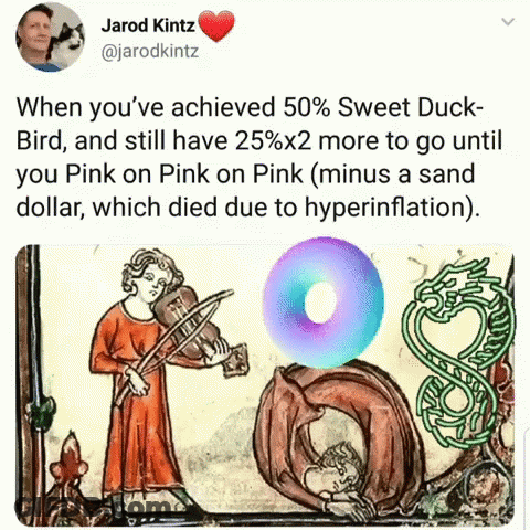 A Painting Of A Man Playing A Violin With The Caption " When You 'Ve Achieved 50 % Sweet Duck Bird GIF