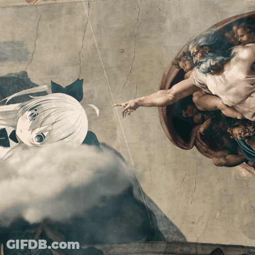 A Painting Of A Man Reaching Out To Touch A Woman GIF