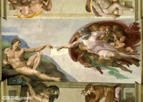 A Painting Of A Man Reaching Out To Touch A Woman 'S Hand GIF
