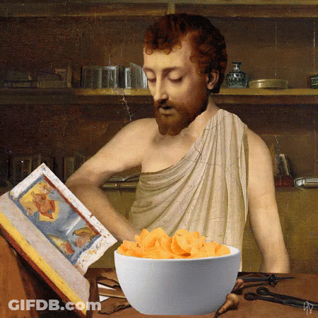 A Painting Of A Man Reading A Book Next To A Bowl Of Cheese Chips GIF