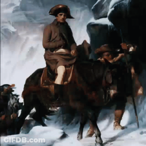 A Painting Of A Man Riding A Horse Through The Snow GIF