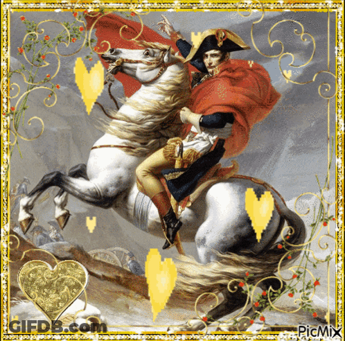 A Painting Of A Man Riding A White Horse With Hearts Around It GIF