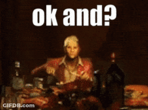 A Painting Of A Man Sitting At A Table With The Words " Ok And " Written Above Him GIF