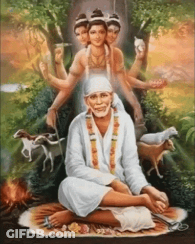 A Painting Of A Man Sitting In A Lotus Position Surrounded By Women And Animals GIF
