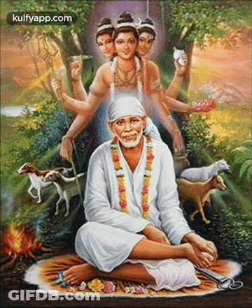 A Painting Of A Man Sitting In A Lotus Position With Animals And Trees In The Background GIF