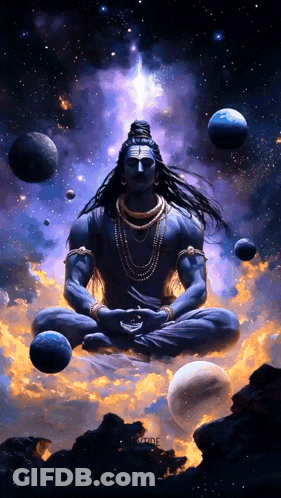 A Painting Of A Man Sitting In A Lotus Position With Planets In The Background GIF