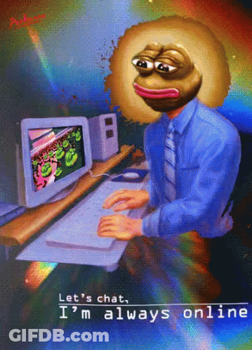 A Painting Of A Man Sitting In Front Of A Computer With The Caption " Let 'S Chat " GIF