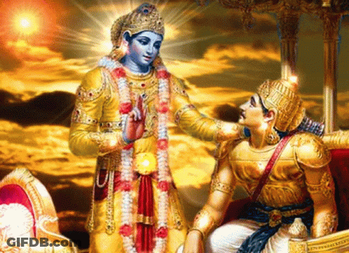 A Painting Of A Man Sitting Next To A Statue Of A Goddess GIF