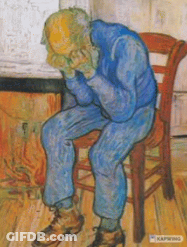 A Painting Of A Man Sitting On A Chair With His Head In His Hands GIF