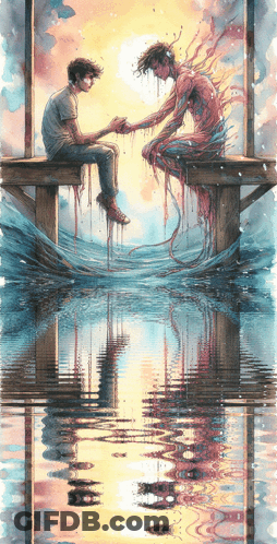 A Painting Of A Man Sitting On A Dock Holding Another Man 'S Hand GIF
