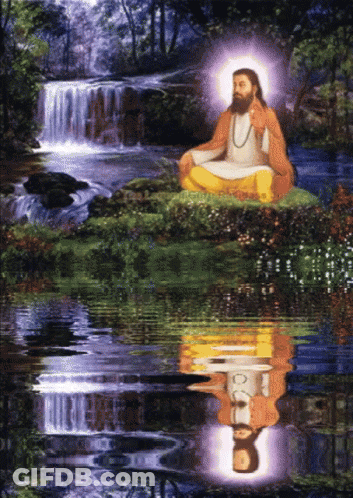 A Painting Of A Man Sitting On A Rock By A Waterfall GIF