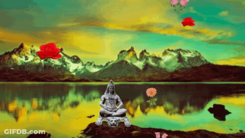 A Painting Of A Man Sitting On A Rock Near A Lake With Mountains In The Background GIF